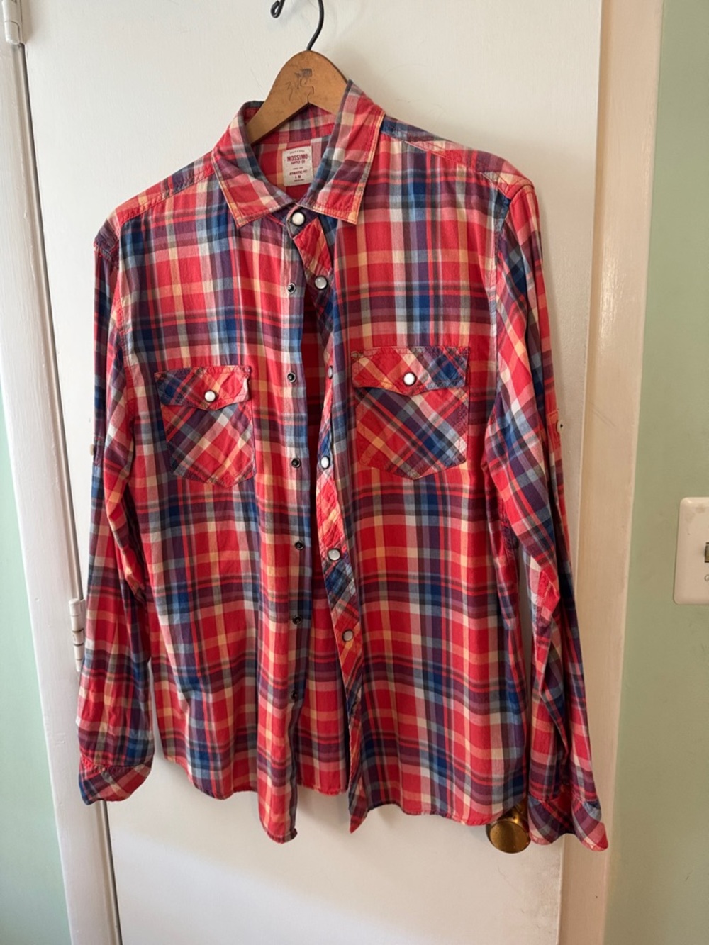 Massimo Red and Blue Plaid Casual Snap-Down Shirt